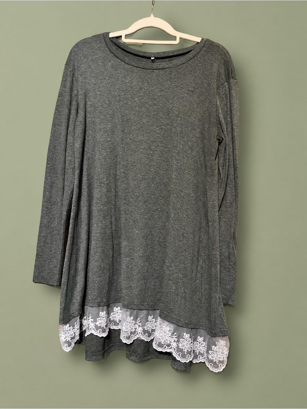 Dark Green Long Sleeve Tunic with White Lace Hemo